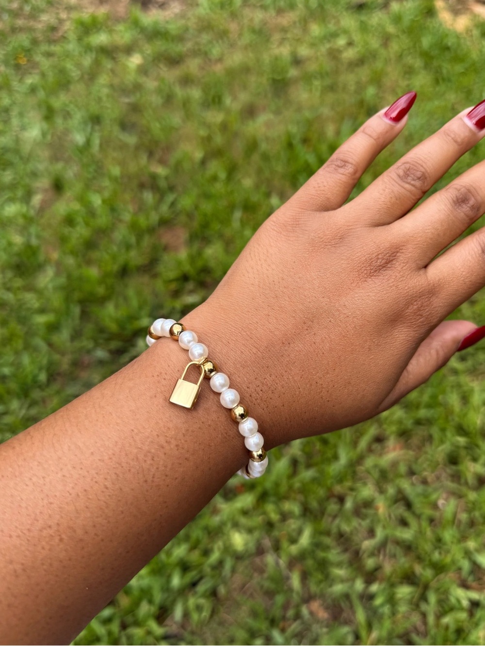Gold and White Pearl Padlock Charm Bracelet - Women Jewelry